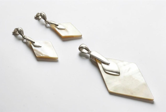 Mother of Pearl Diamond Earrings & Pendant Set, Sterling Silver, Geometric Shell Jewelry
