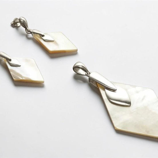 Mother of Pearl Diamond Earrings & Pendant Set, Sterling Silver, Geometric Shell Jewelry