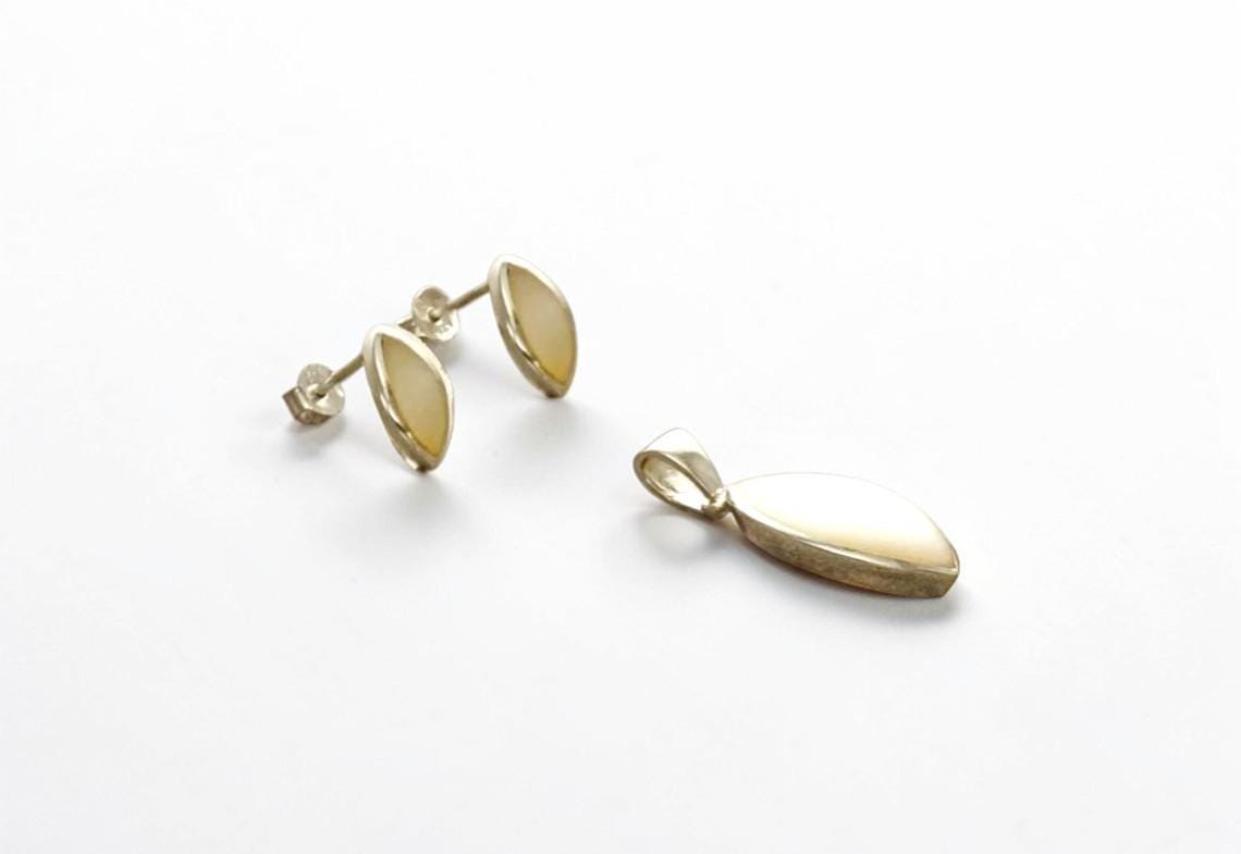 Oval Mother of Pearl Earrings and Pendant Set, Sterling Silver, White Shell Jewelry