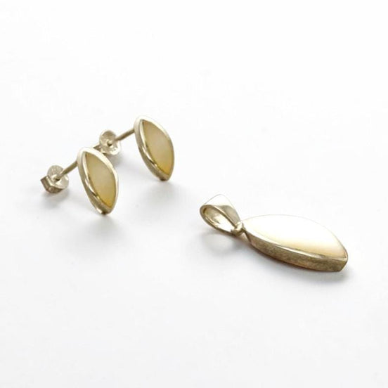 Oval Mother of Pearl Earrings and Pendant Set, Sterling Silver, White Shell Jewelry