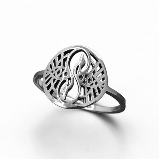 Crane Bird Ring, Sterling Silver, Spiritual Yin Yang Yoga Design, Oriental Zen Jewelry