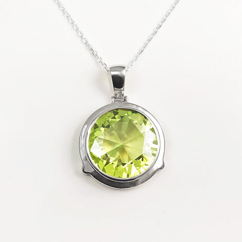Green Sterling Silver Pendant, Bezel Set Green Peridot CZ Stone, Statement Necklace