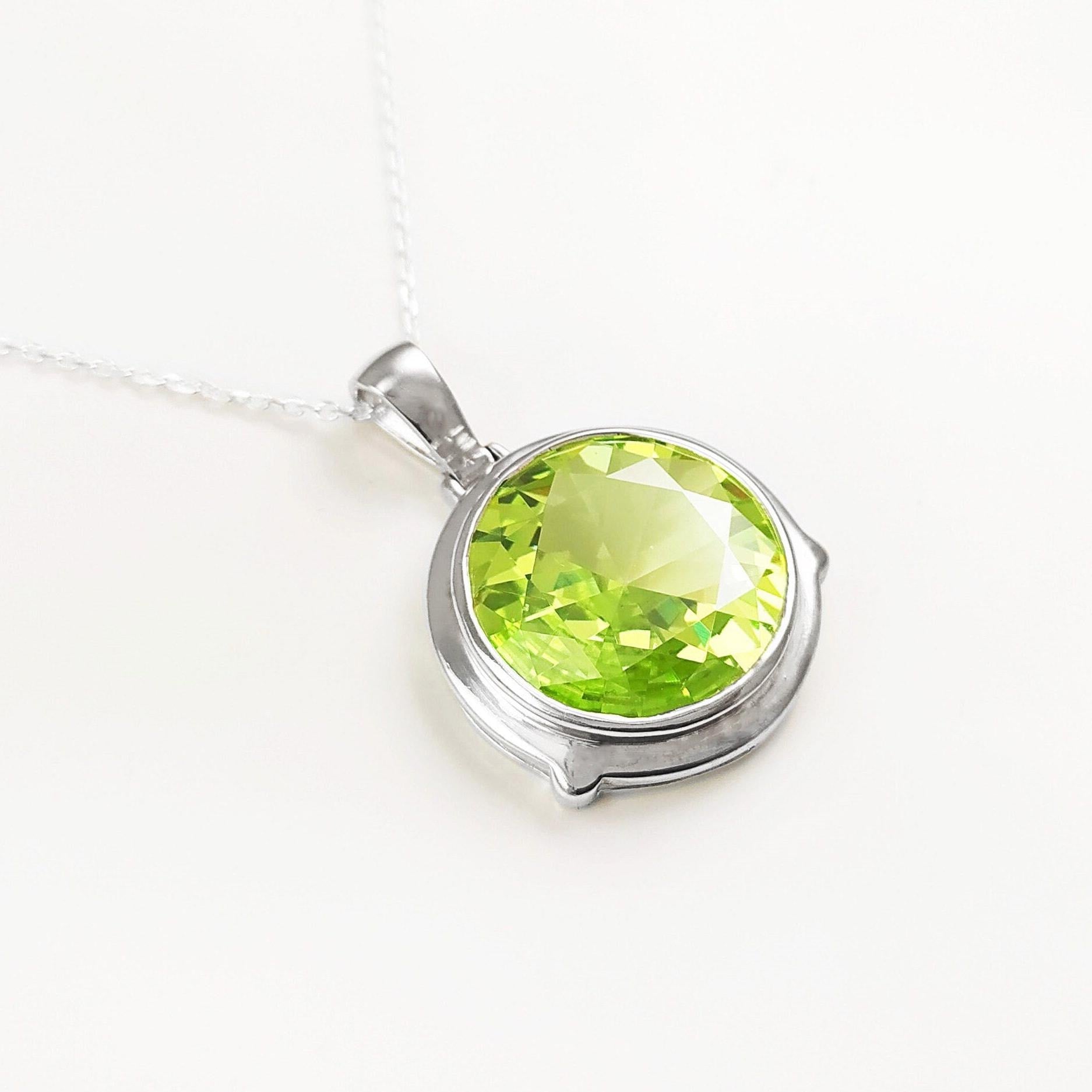 Green Sterling Silver Pendant, Bezel Set Green Peridot CZ Stone, Statement Necklace