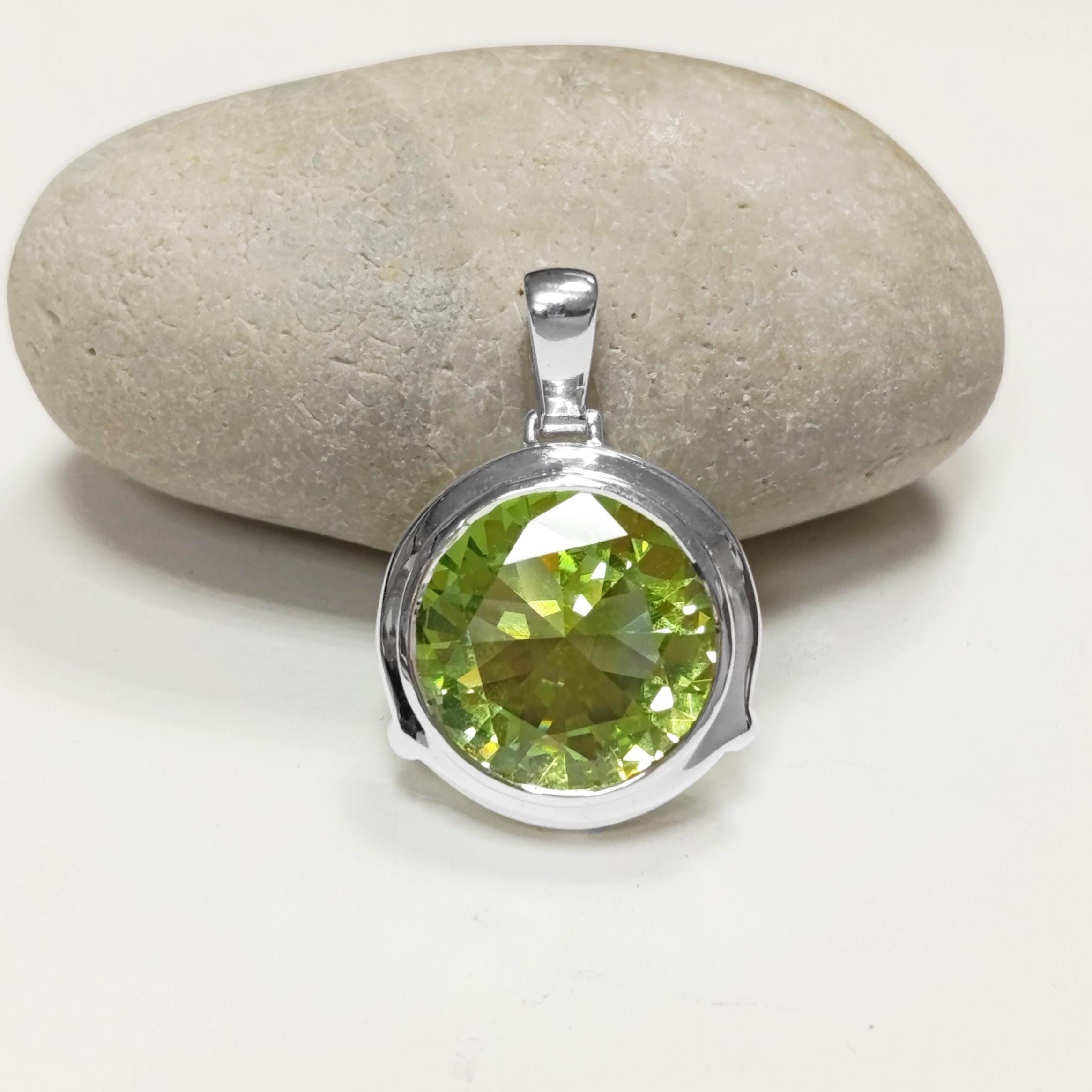 Green Sterling Silver Pendant, Bezel Set Green Peridot CZ Stone, Statement Necklace