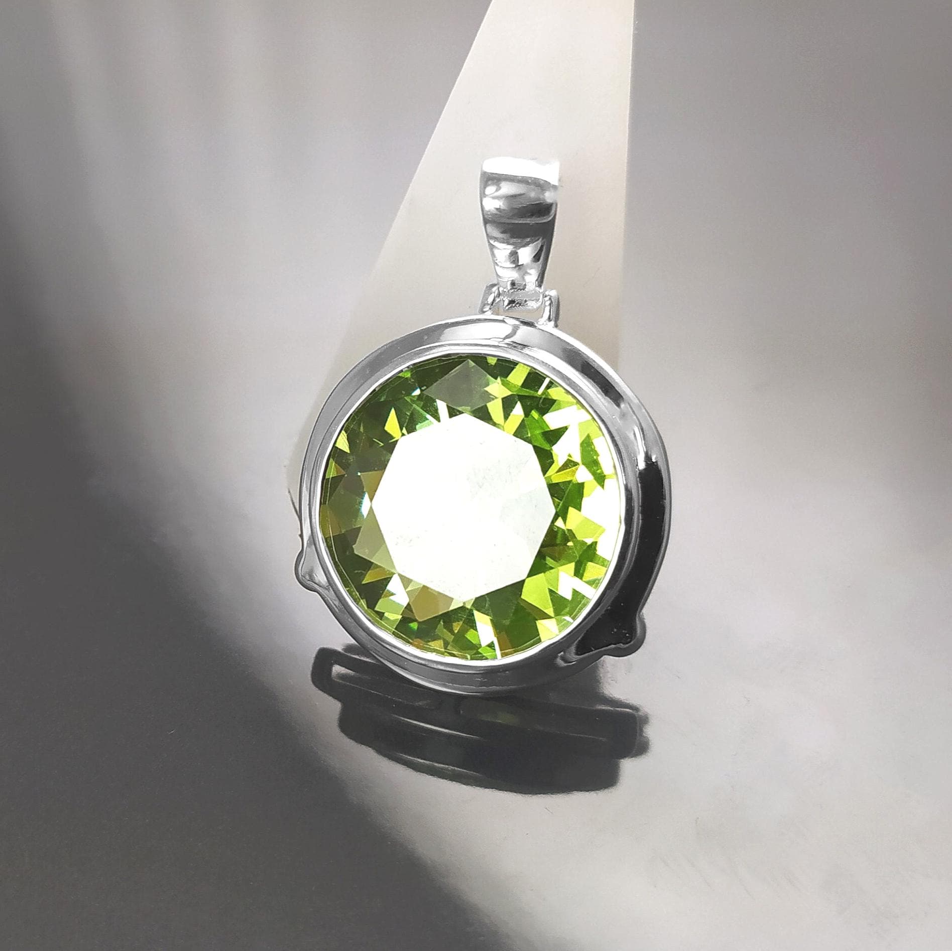 Green Sterling Silver Pendant, Bezel Set Green Peridot CZ Stone, Statement Necklace