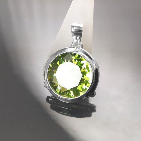 Green Sterling Silver Pendant, Bezel Set Green Peridot CZ Stone, Statement Necklace