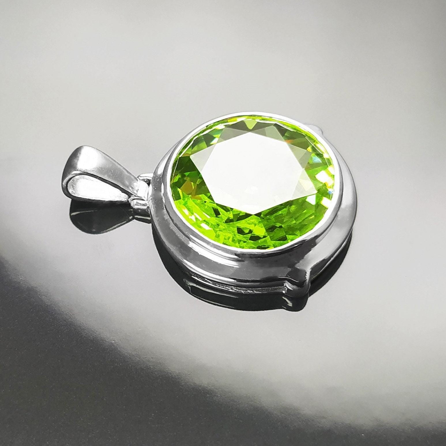 Green Sterling Silver Pendant, Bezel Set Green Peridot CZ Stone, Statement Necklace