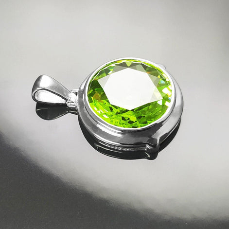 Green Sterling Silver Pendant, Bezel Set Green Peridot CZ Stone, Statement Necklace