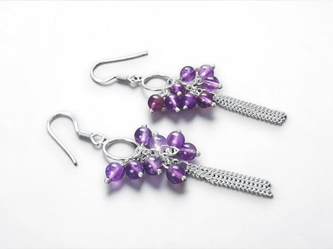 Amethyst Sterling Silver Dangle Earrings, Genuine Gemstone Drop Hooks, Woman Jewelry