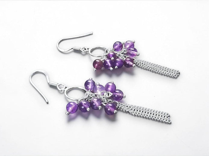 Amethyst Sterling Silver Dangle Earrings, Genuine Gemstone Drop Hooks, Woman Jewelry