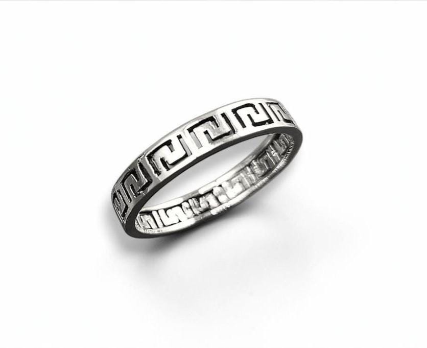 Greek Key Frieze Ring, Sterling Silver, Antique Spiral Meander Band, Eternity Long Life Jewelry