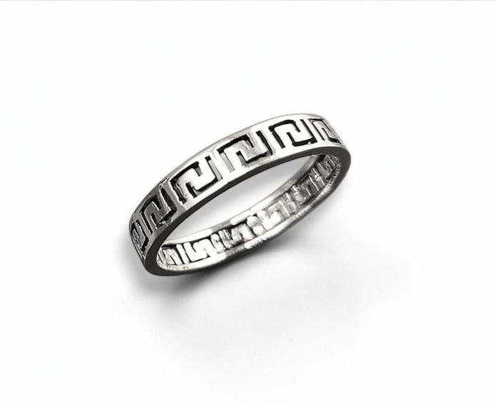 Greek Key Frieze Ring, Sterling Silver, Antique Spiral Meander Band, Eternity Long Life Jewelry