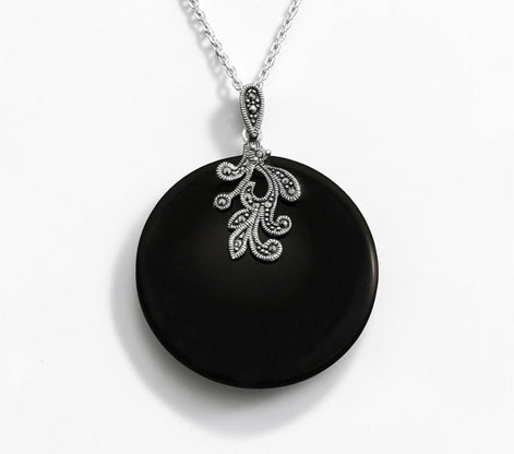 Black Onyx Marcasite Necklace, Sterling Silver, Statement Vintage Art Deco Round Pendant
