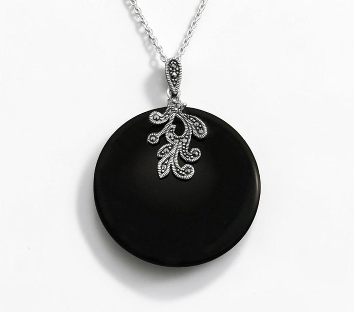 Black Onyx Marcasite Necklace, Sterling Silver, Statement Vintage Art Deco Round Pendant