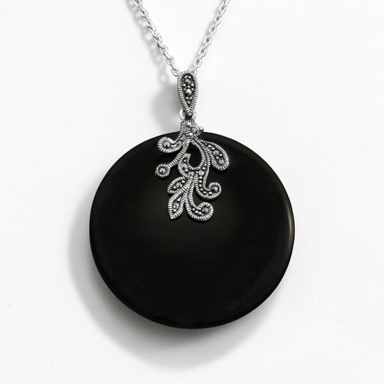 Black Onyx Marcasite Necklace, Sterling Silver, Statement Vintage Art Deco Round Pendant