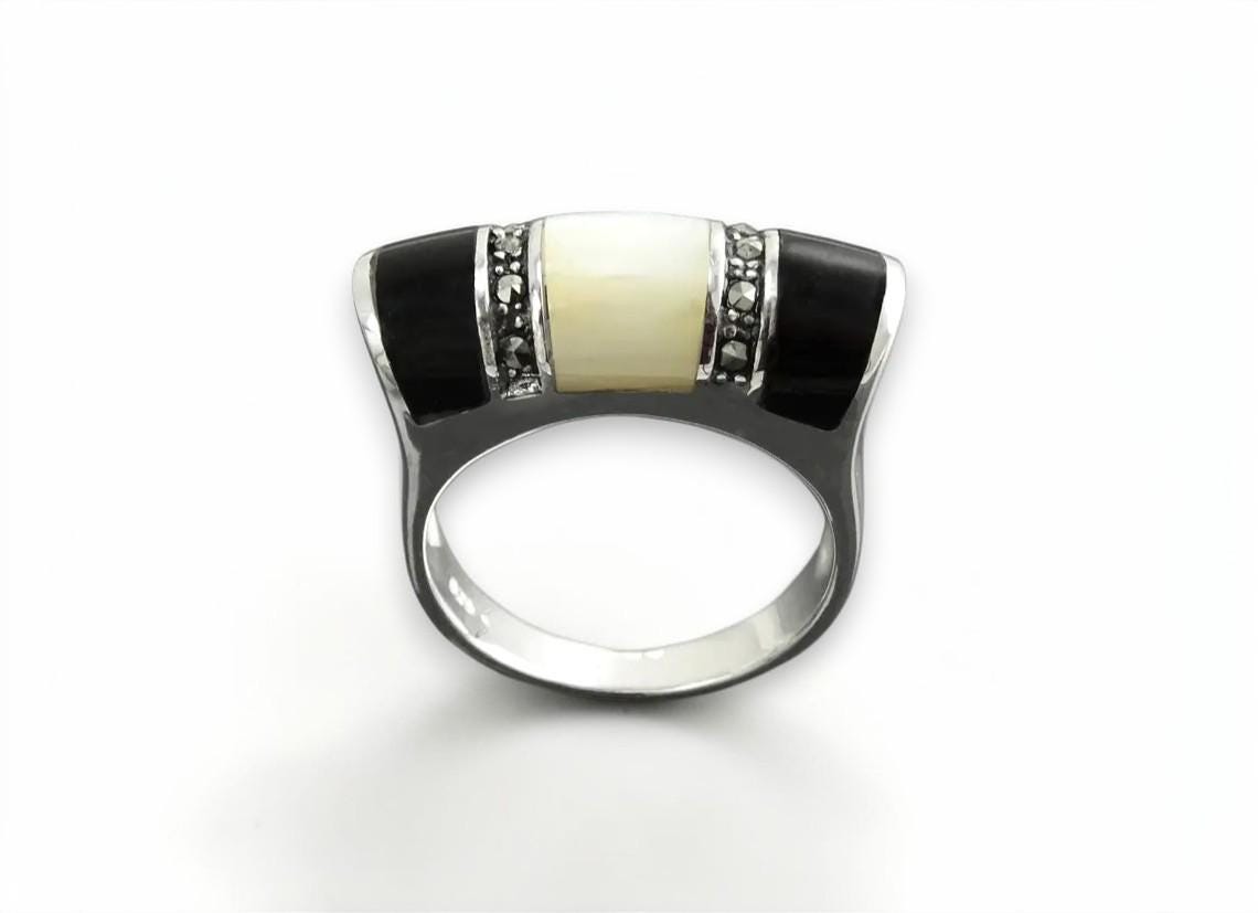 Art Deco Ring, Sterling Silver, Black Onyx Gemstone & Mother of Pearl, Vintage Marcasite Jewelry