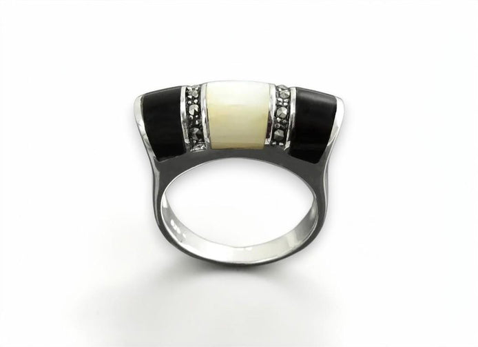 Art Deco Ring, Sterling Silver, Black Onyx Gemstone & Mother of Pearl, Vintage Marcasite Jewelry