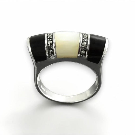 Art Deco Ring, Sterling Silver, Black Onyx Gemstone & Mother of Pearl, Vintage Marcasite Jewelry