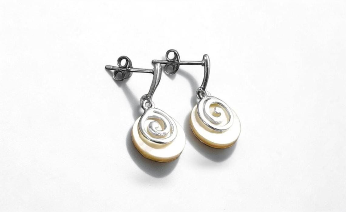 White round earrings, Sterling Silver, Genuine Mother of Pearl Shell Stone, Spiral Design Dangle Earrings, Modern Swirl Design Jewelry