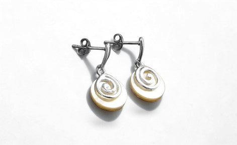White round earrings, Sterling Silver, Genuine Mother of Pearl Shell Stone, Spiral Design Dangle Earrings, Modern Swirl Design Jewelry