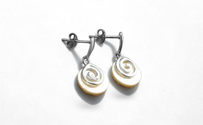 White round earrings, Sterling Silver, Genuine Mother of Pearl Shell Stone, Spiral Design Dangle Earrings, Modern Swirl Design Jewelry