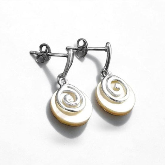 White round earrings, Sterling Silver, Genuine Mother of Pearl Shell Stone, Spiral Design Dangle Earrings, Modern Swirl Design Jewelry