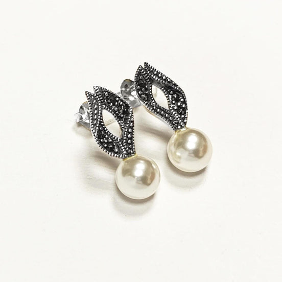 Pearl Marcassite Vintage Style Earrings, Sterling Silver Small Antique Art Deco jewel, Retro Jewelry, women's gifts