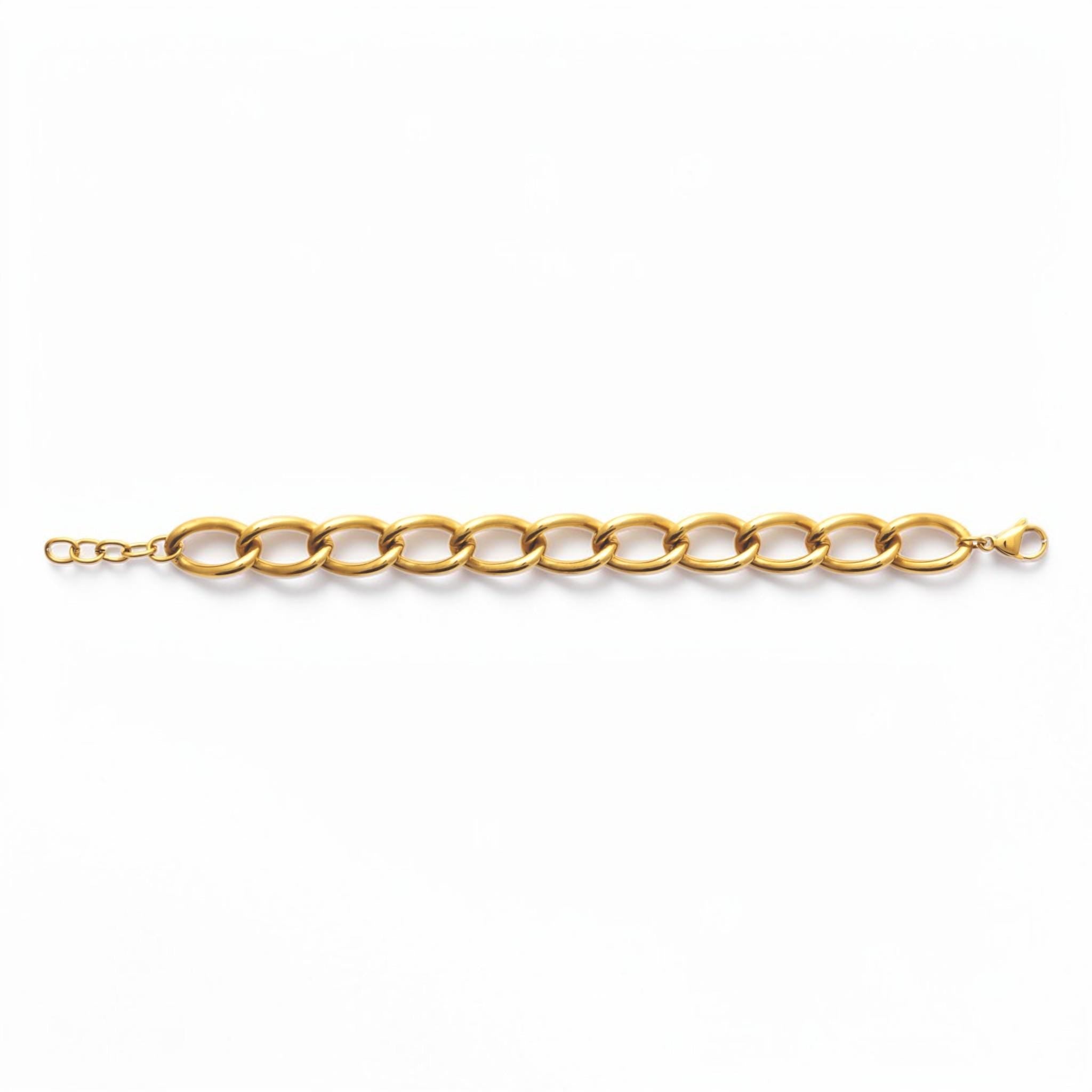 View of a Chunky Curb Chain Bracelet opened, with a studio white background
Product type: bracelet
Material:  18K Gold Filled, stainless steel base
Color: yellow gold
Style: unisex, modern, bold, minimalist
Design details: oversized oval curb links, polished finish, chunky chain silhouette, lobster clasp, extender chain
Best for: everyday wear, statement styling, gifting, layering, men, women, unisex jewelry lovers