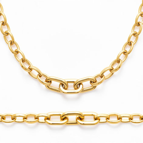View of the necklace and its matching bracelet in a studio white background.
Product type: necklace
Material: 18K Gold Filled, stainless steel base
Color: yellow gold
Style: modern, elegant, minimalist, slightly bold
Design details: mixed link chain, paperclip-style center links, rounded oval side links, polished finish, lobster clasp, extender chain
Best for: everyday wear, layering, gifting, modern jewelry lovers, statement minimal styling