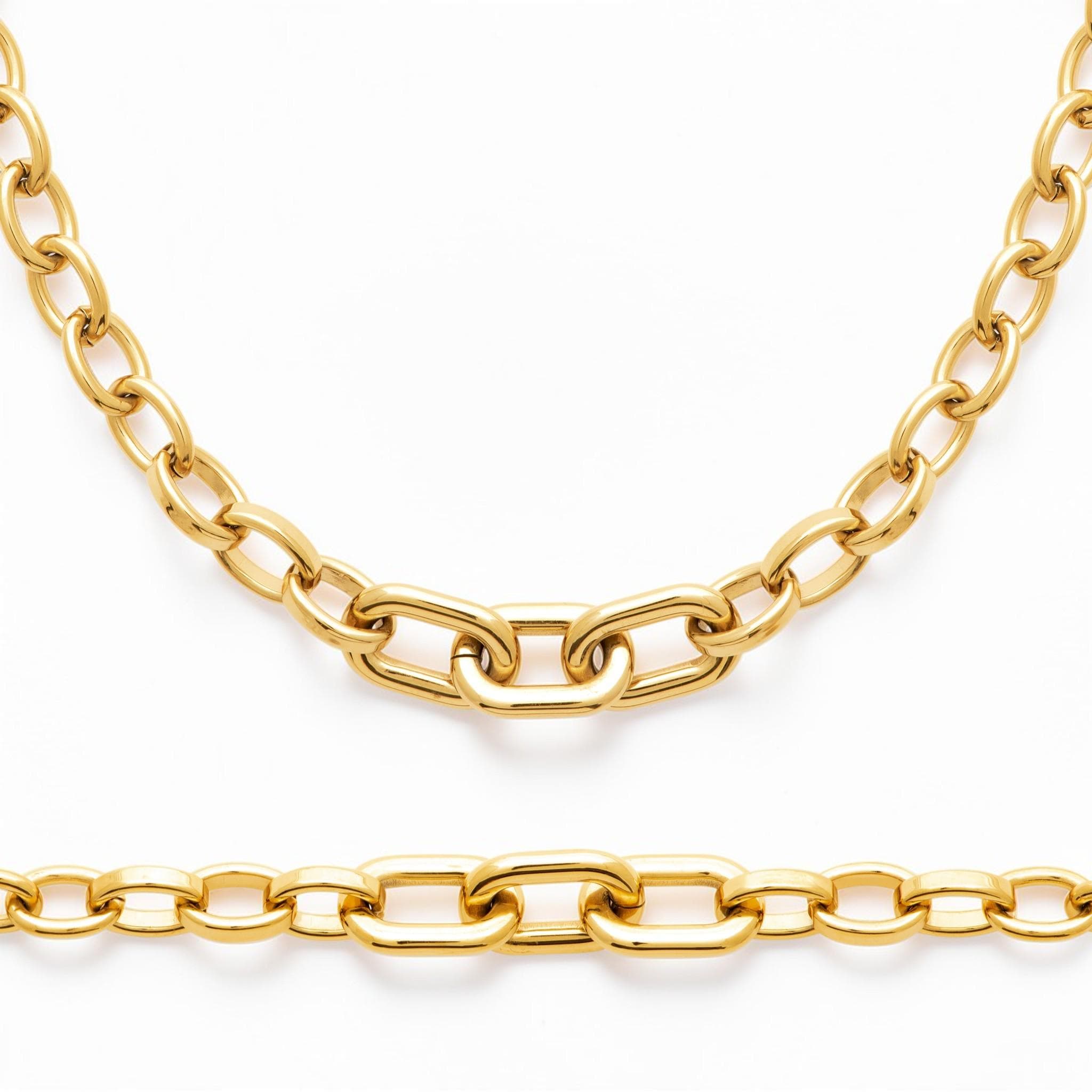 View of the bracelet and its matching necklace in a studio white background.
Product type: bracelet
Material: 18K Gold Filled, stainless steel base
Color: yellow gold
Style: modern, elegant, minimalist, slightly bold
Design details: mixed link chain, paperclip-style center links, rounded oval side links, polished finish, lobster clasp, extender chain
Best for: everyday wear, layering, gifting, modern jewelry lovers, statement minimal styling