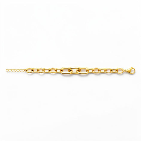 View of the matching bracelet in a studio white background.
Product type: bracelet
Material: 18K Gold Filled, stainless steel base
Color: yellow gold
Style: modern, elegant, minimalist, slightly bold
Design details: mixed link chain, paperclip-style center links, rounded oval side links, polished finish, lobster clasp, extender chain
Best for: everyday wear, layering, gifting, modern jewelry lovers, statement minimal styling