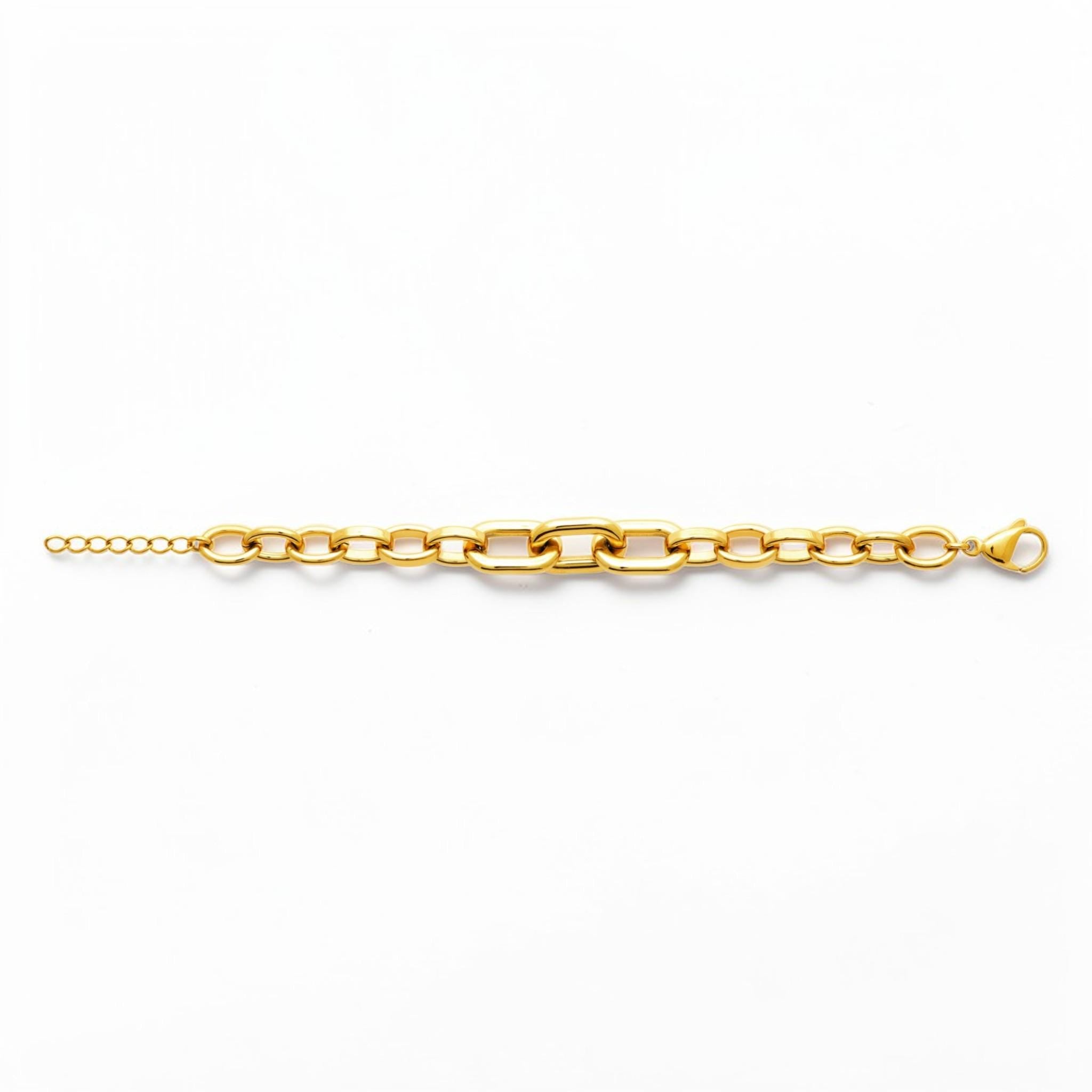 View of the bracelet in a studio white background.
Product type: bracelet
Material: 18K Gold Filled, stainless steel base
Color: yellow gold
Style: modern, elegant, minimalist, slightly bold
Design details: mixed link chain, paperclip-style center links, rounded oval side links, polished finish, lobster clasp, extender chain
Best for: everyday wear, layering, gifting, modern jewelry lovers, statement minimal styling