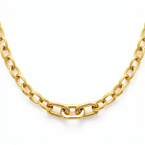 View of the matching necklace in a studio white background.
Product type: bracelet
Material: 18K Gold Filled, stainless steel base
Color: yellow gold
Style: modern, elegant, minimalist, slightly bold
Design details: mixed link chain, paperclip-style center links, rounded oval side links, polished finish, lobster clasp, extender chain
Best for: everyday wear, layering, gifting, modern jewelry lovers, statement minimal styling