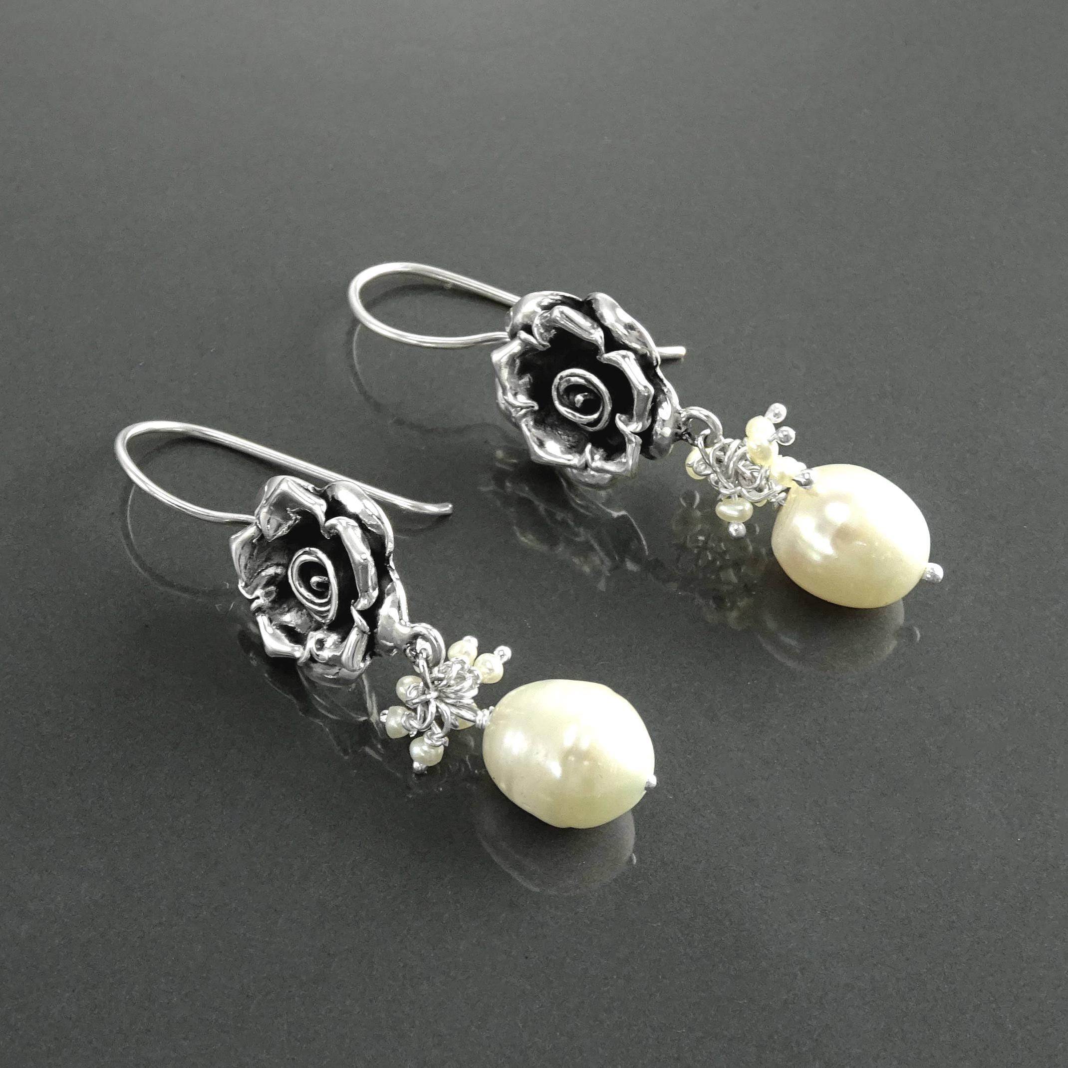 Sterling Silver FLOWER Rose Dangle Earrings, Fresh Water Pearl Gemstone, Vintage Inspired Jewelry