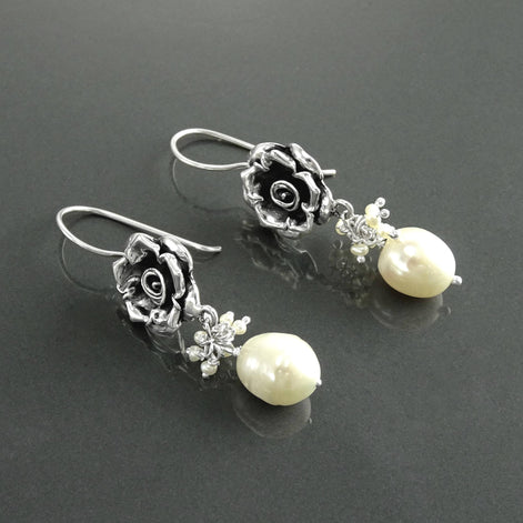 Sterling Silver FLOWER Rose Dangle Earrings, Fresh Water Pearl Gemstone, Vintage Inspired Jewelry