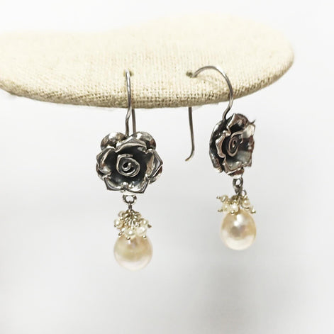 Sterling Silver FLOWER Rose Dangle Earrings, Fresh Water Pearl Gemstone, Vintage Inspired Jewelry