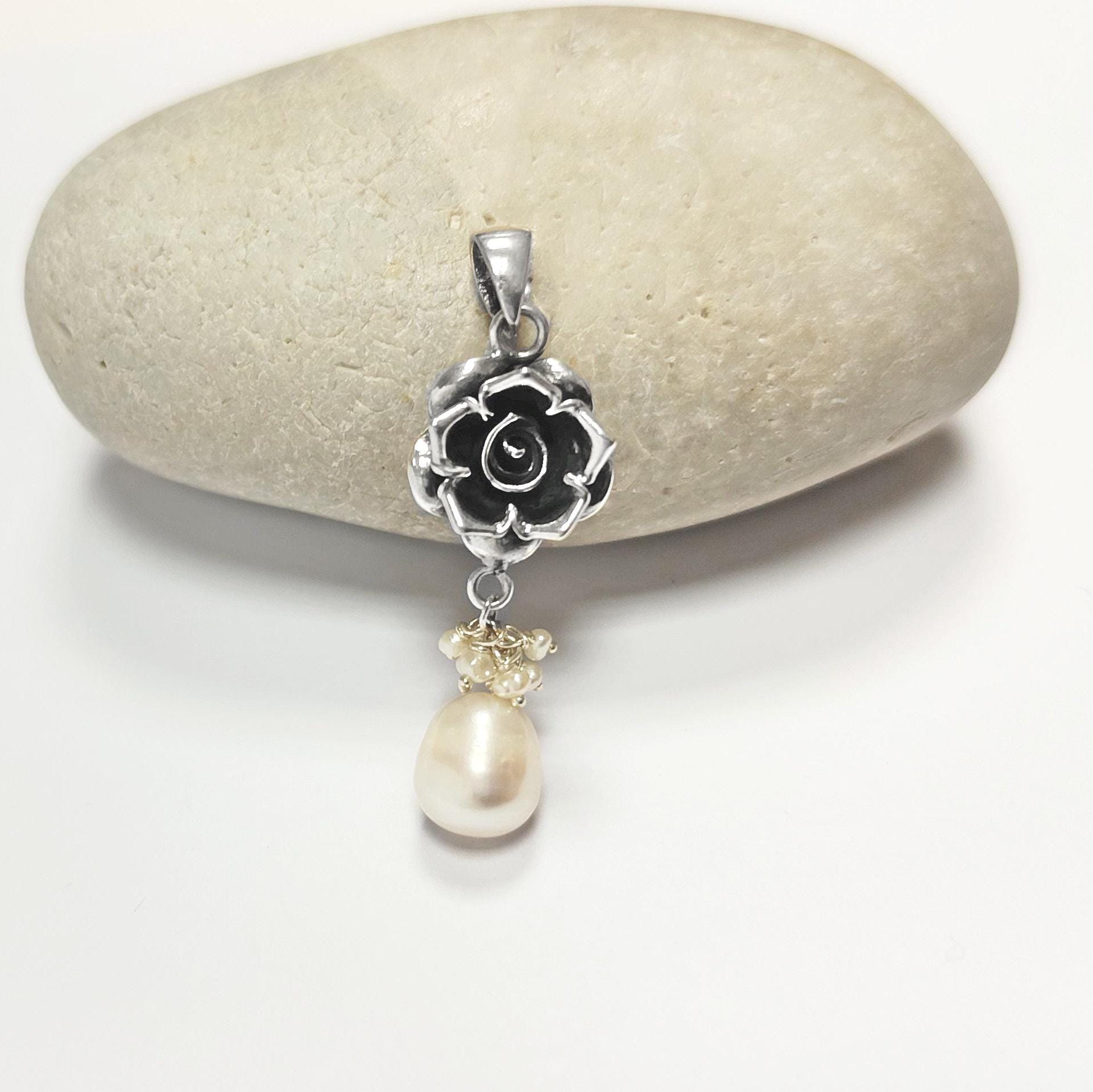 Sterling Silver FLOWER Rose Dangle Earrings, Fresh Water Pearl Gemstone, Vintage Inspired Jewelry