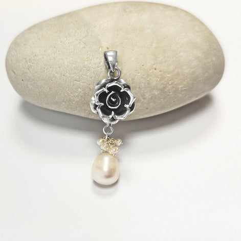 Sterling Silver FLOWER Rose Dangle Earrings, Fresh Water Pearl Gemstone, Vintage Inspired Jewelry