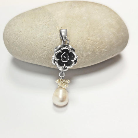 Sterling Silver FLOWER Rose Dangle Earrings, Fresh Water Pearl Gemstone, Vintage Inspired Jewelry