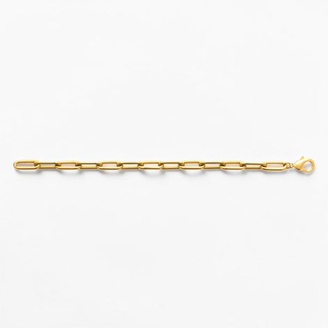 View of the bracelet in a studio white background.
Product type: bracelet
Material: 18K Gold Filled, stainless steel base
Color: yellow gold
Style: modern, elegant, minimalist, slightly bold
Design details: rectangular link chain, paperclip-style link, polished finish, lobster clasp
Best for: everyday wear, layering, gifting, modern jewelry lovers, statement minimal styling