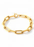 View of the bracelet in a studio white background.
Product type: bracelet
Material: 18K Gold Filled, stainless steel base
Color: yellow gold
Style: modern, elegant, minimalist, slightly bold
Design details: rectangular link chain, paperclip-style link, polished finish, lobster clasp
Best for: everyday wear, layering, gifting, modern jewelry lovers, statement minimal styling