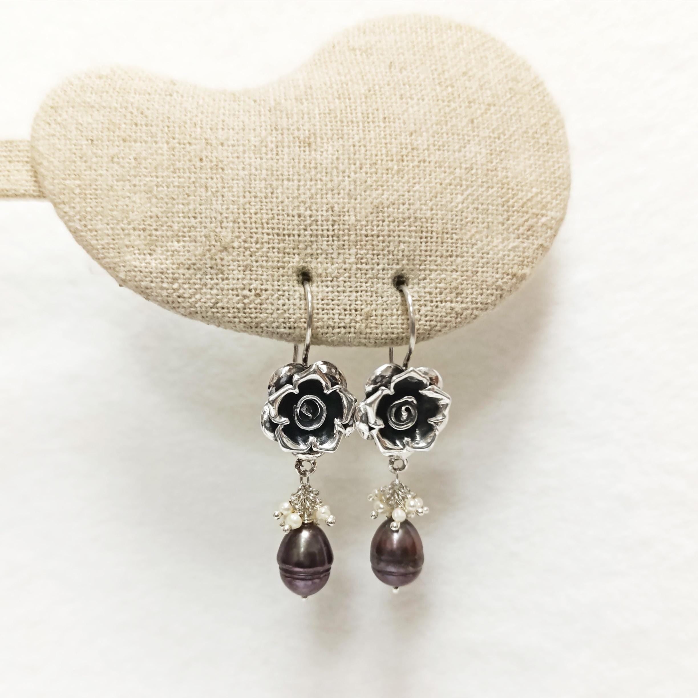 925 Sterling Silver FLOWER Rose Dangle Earrings, Fresh Water Grey Pearl Gemstone, Vintage Inspired Jewelry