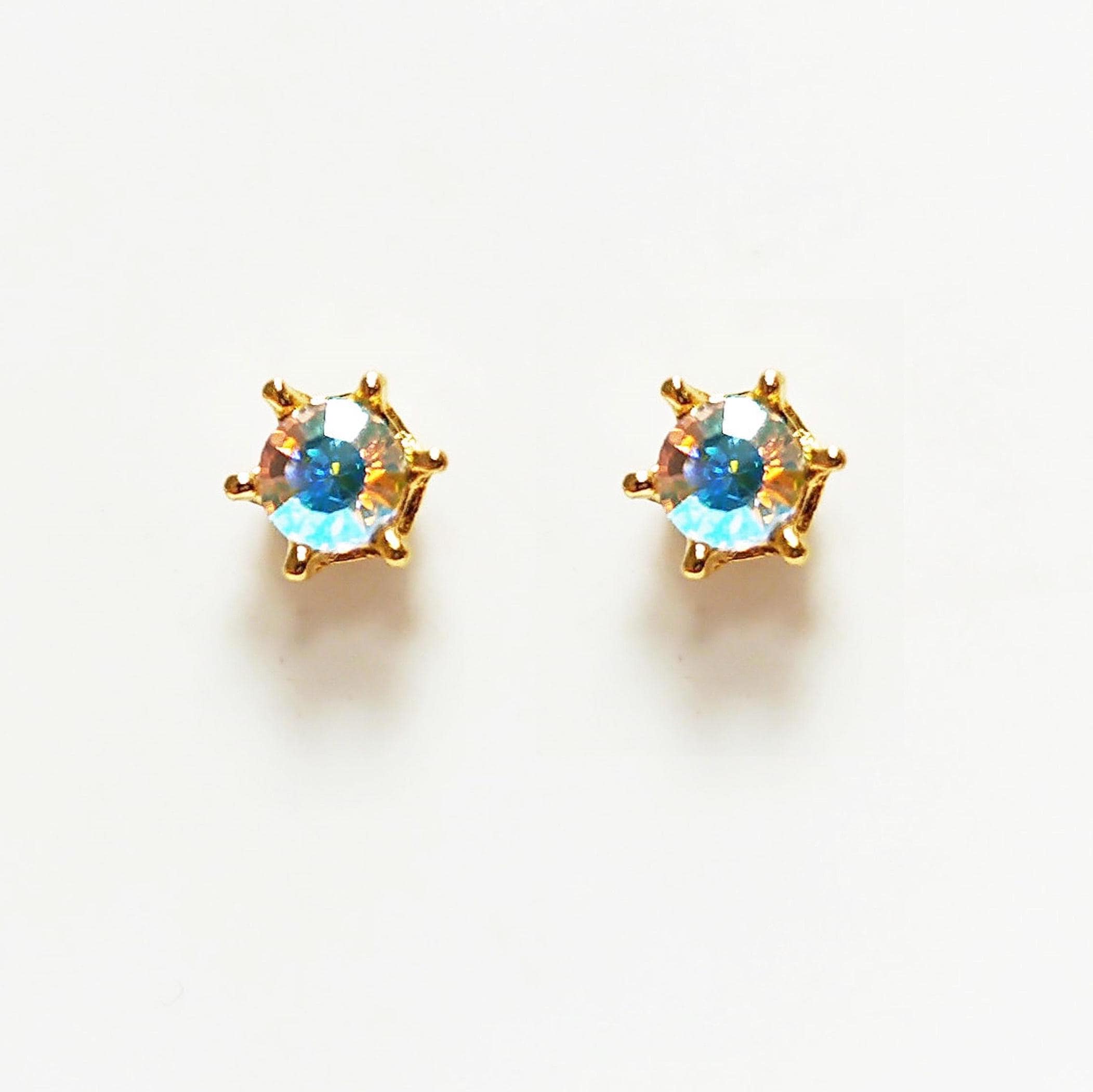 Rainbow Opal Stud Earrings by KRAMIKE • 18K Gold-Plated Elegant Clear Iridescent Cz Stone • Everyday Jewelry • Minimalist 6mm or 4mm Studs