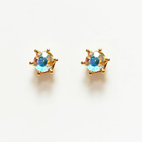 Rainbow Opal Stud Earrings by KRAMIKE • 18K Gold-Plated Elegant Clear Iridescent Cz Stone • Everyday Jewelry • Minimalist 6mm or 4mm Studs
