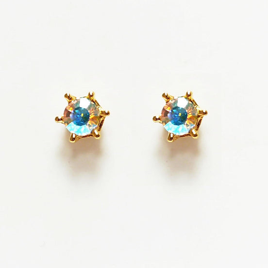 Rainbow Opal Stud Earrings by KRAMIKE • 18K Gold-Plated Elegant Clear Iridescent Cz Stone • Everyday Jewelry • Minimalist 6mm or 4mm Studs
