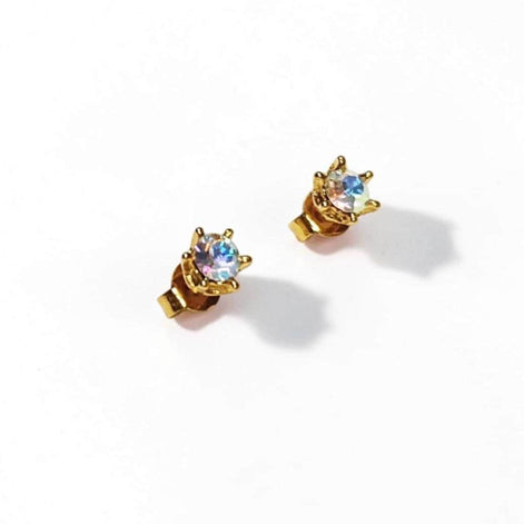 Rainbow Opal Stud Earrings by KRAMIKE • 18K Gold-Plated Elegant Clear Iridescent Cz Stone • Everyday Jewelry • Minimalist 6mm or 4mm Studs