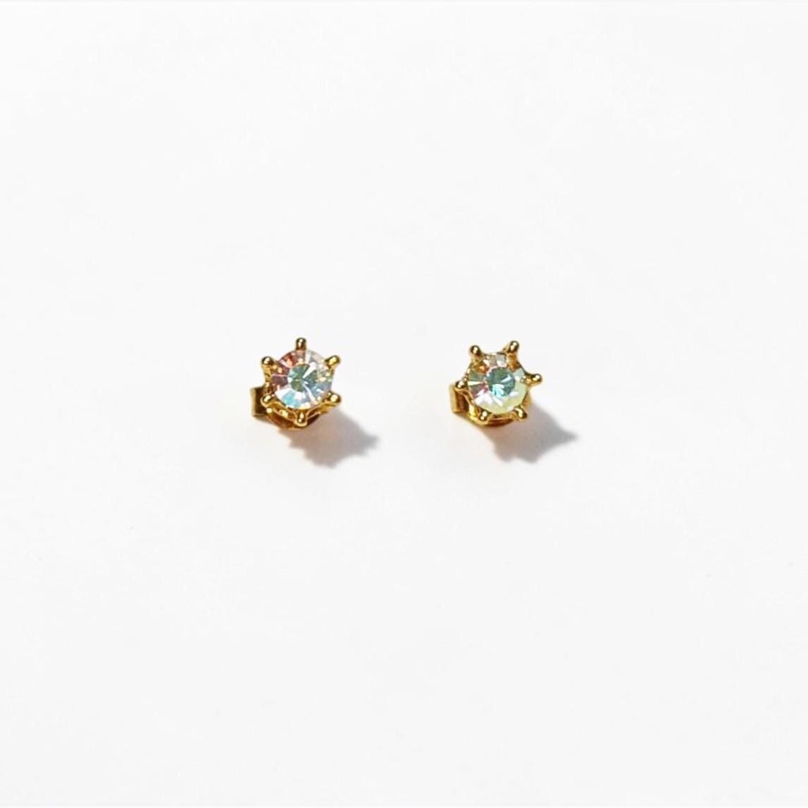 Rainbow Opal Stud Earrings by KRAMIKE • 18K Gold-Plated Elegant Clear Iridescent Cz Stone • Everyday Jewelry • Minimalist 6mm or 4mm Studs