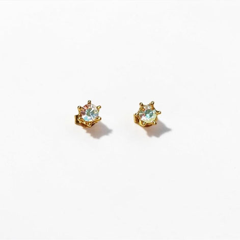 Rainbow Opal Stud Earrings by KRAMIKE • 18K Gold-Plated Elegant Clear Iridescent Cz Stone • Everyday Jewelry • Minimalist 6mm or 4mm Studs