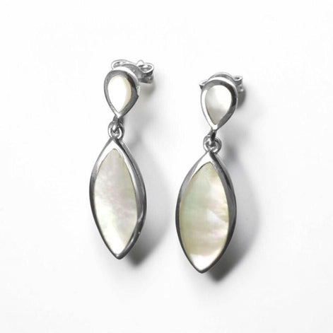 Sterling Silver Oval Earrings, White Mother of Pearl Shell Jewelry, Dangle MOP 925