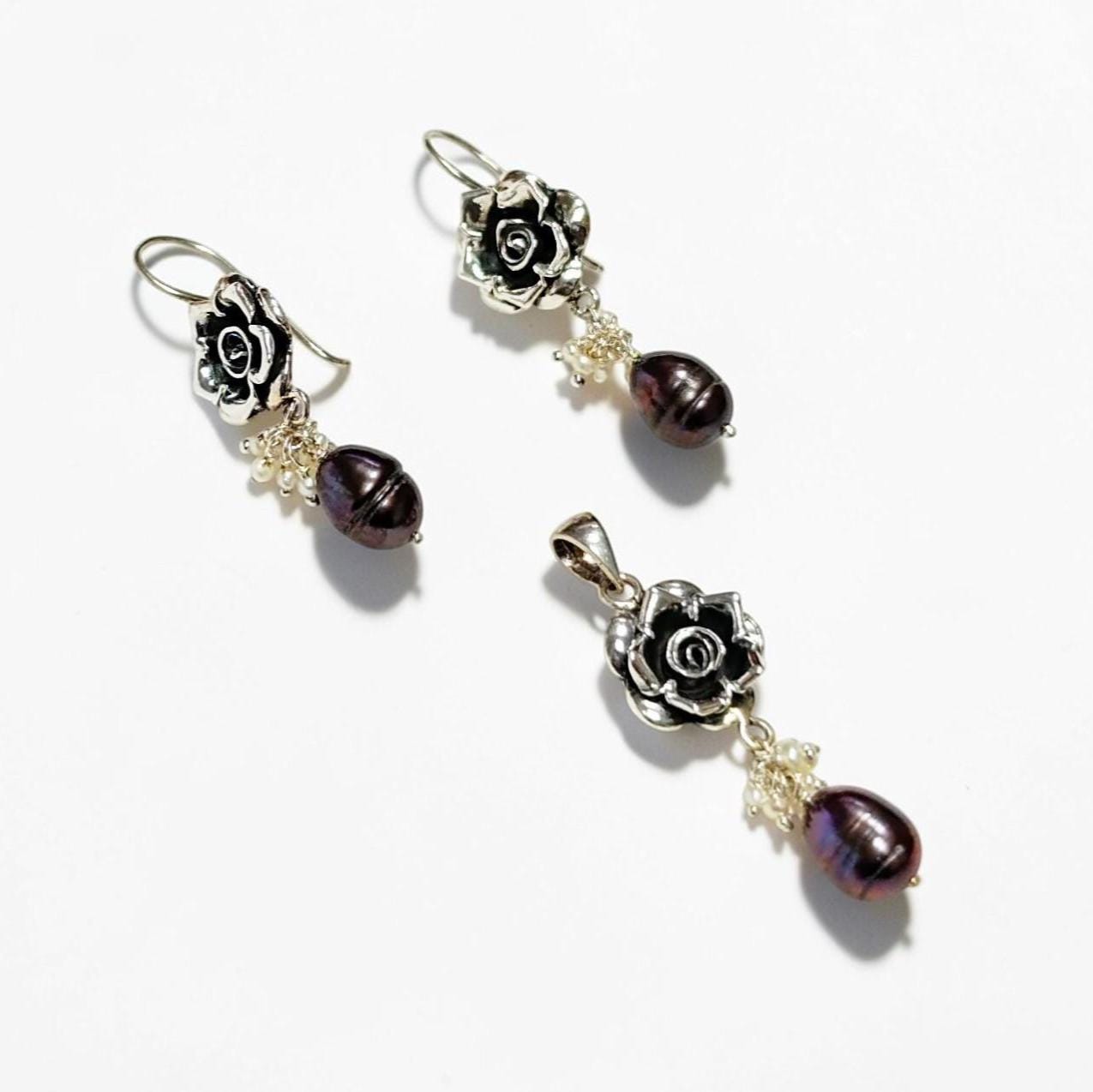 925 Sterling Silver FLOWER Rose Dangle Earrings, Fresh Water Grey Pearl Gemstone, Vintage Inspired Jewelry
